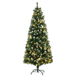 6' Decorated Christmas Trees, Skinny Prelit Artificial Christmas Tree With Snow-dipped Branches, Auto Open, Pinecones