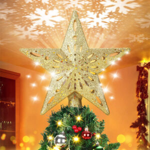 Premium 3D Golden Star Christmas Tree Topper – LED Projection Snowflake Light