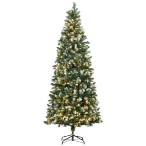 7.5' Decorated Christmas Trees, Skinny Prelit Artificial Christmas Tree With Snow-dipped Branches, Auto Open, Pinecones
