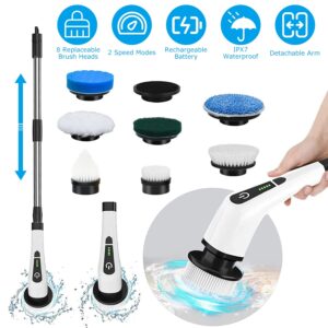 Electric Spin Scrubber with Long Handle – Cordless Bathroom & Tile Cleaner | 8 Brush Heads, 2 Speeds, Waterproof